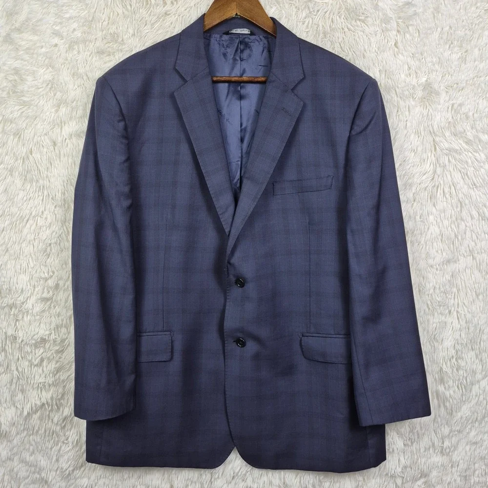 Saks Fifth Avenue Ermenegildo Zegna Suit 46R Navy Plaid Wool 2pc 36x29 Italy